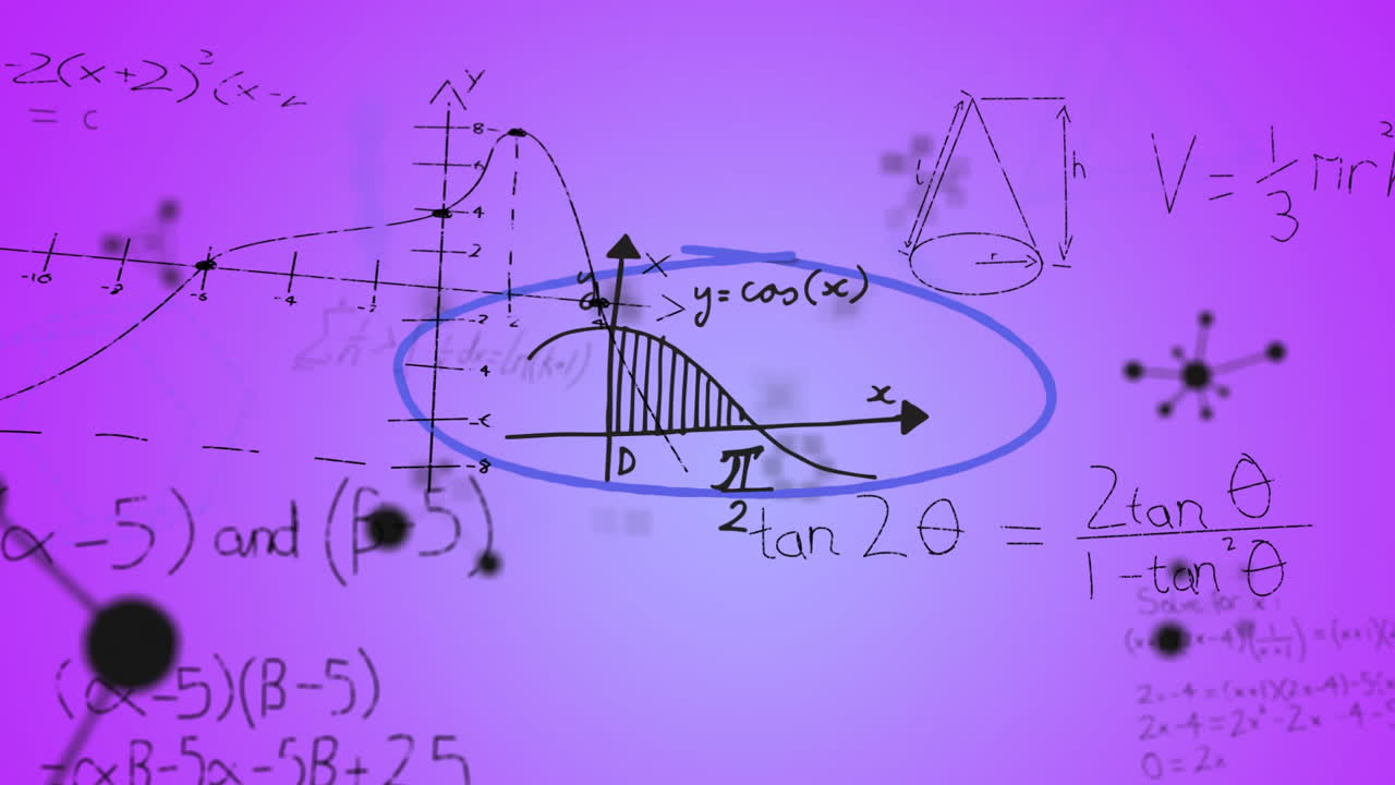 animación de moléculas sobre ecuaciones matemáticas en fondo púrpura