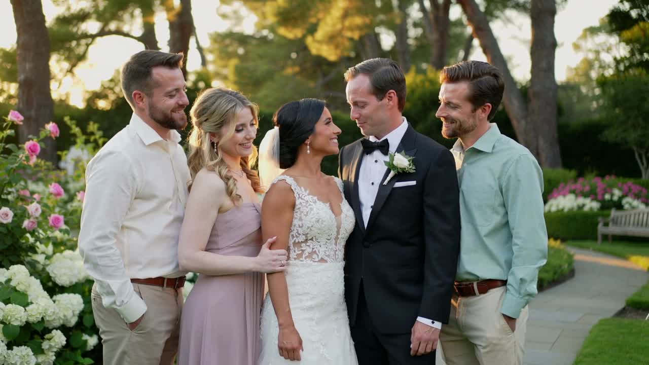 Corteo nuziale in posa che condivide sorrisi in giardino, la macchina fotografica riprende lo sposo che bacia la sposa in abito e smoking.