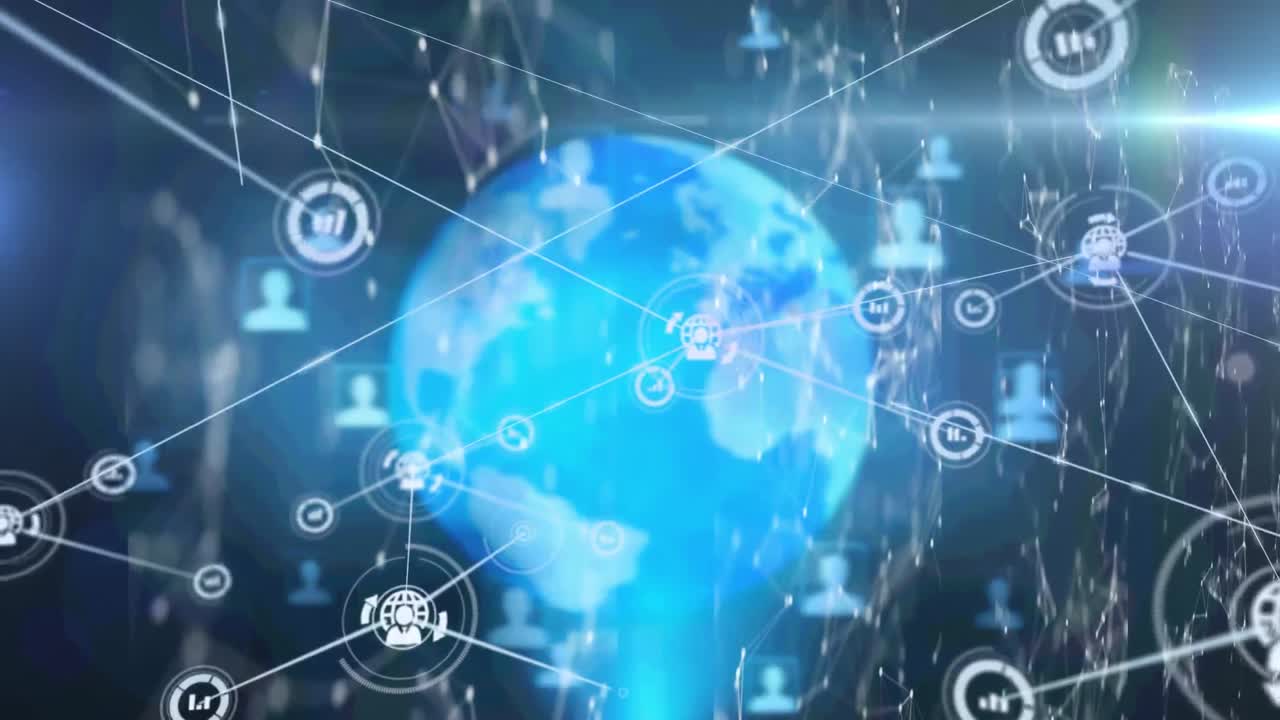 파란색 배경에 회전하는 지구상의 아이콘과 연결 네트워크의 애니메이션