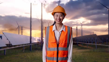 asian female engineer with safety helmet smiling to camera with solar panel and wind turbines