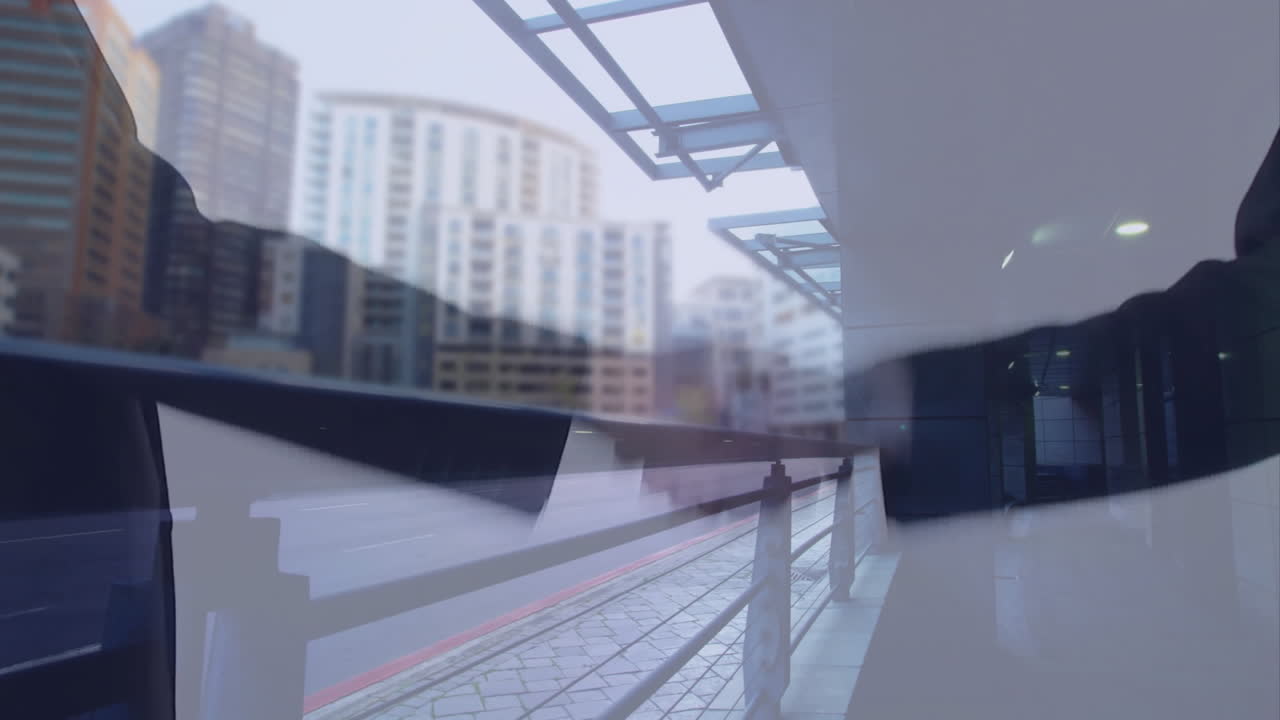 도시 풍경 배경 위에서 비즈니스 손잡이 애니메이션