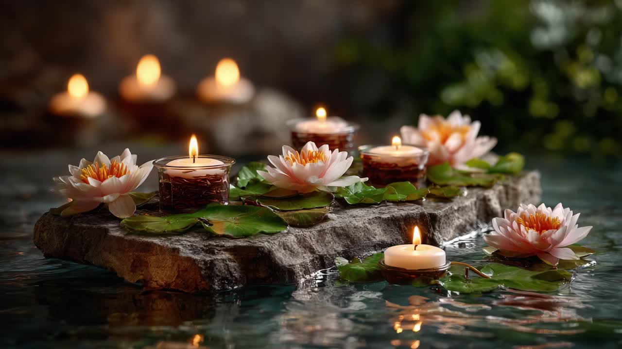 Una serena esposizione di fiori di loto e candele galleggianti sull'acqua, che crea un'atmosfera pacifica arricchita da un'illuminazione soffusa ed elementi naturali.