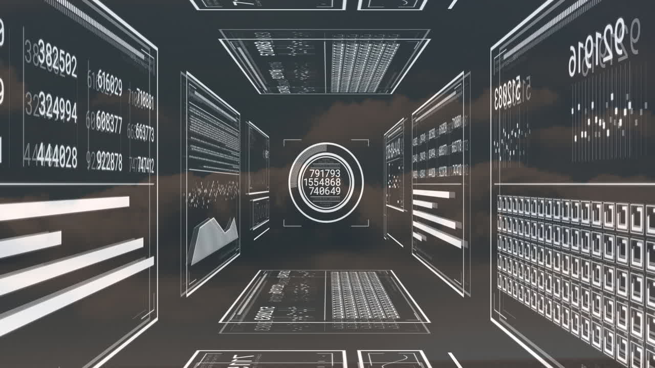 Digital animation showing data and analytics interface with numbers and graphs