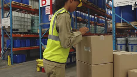 Young-female-worker-using-barcode-scanner-in-a-warehouse