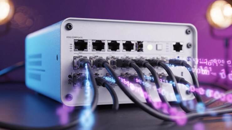 Innovative Networking Device with Multiple Ports and Cables, Highlighting Connectivity and Data Transmission in a Modern Technological Environment