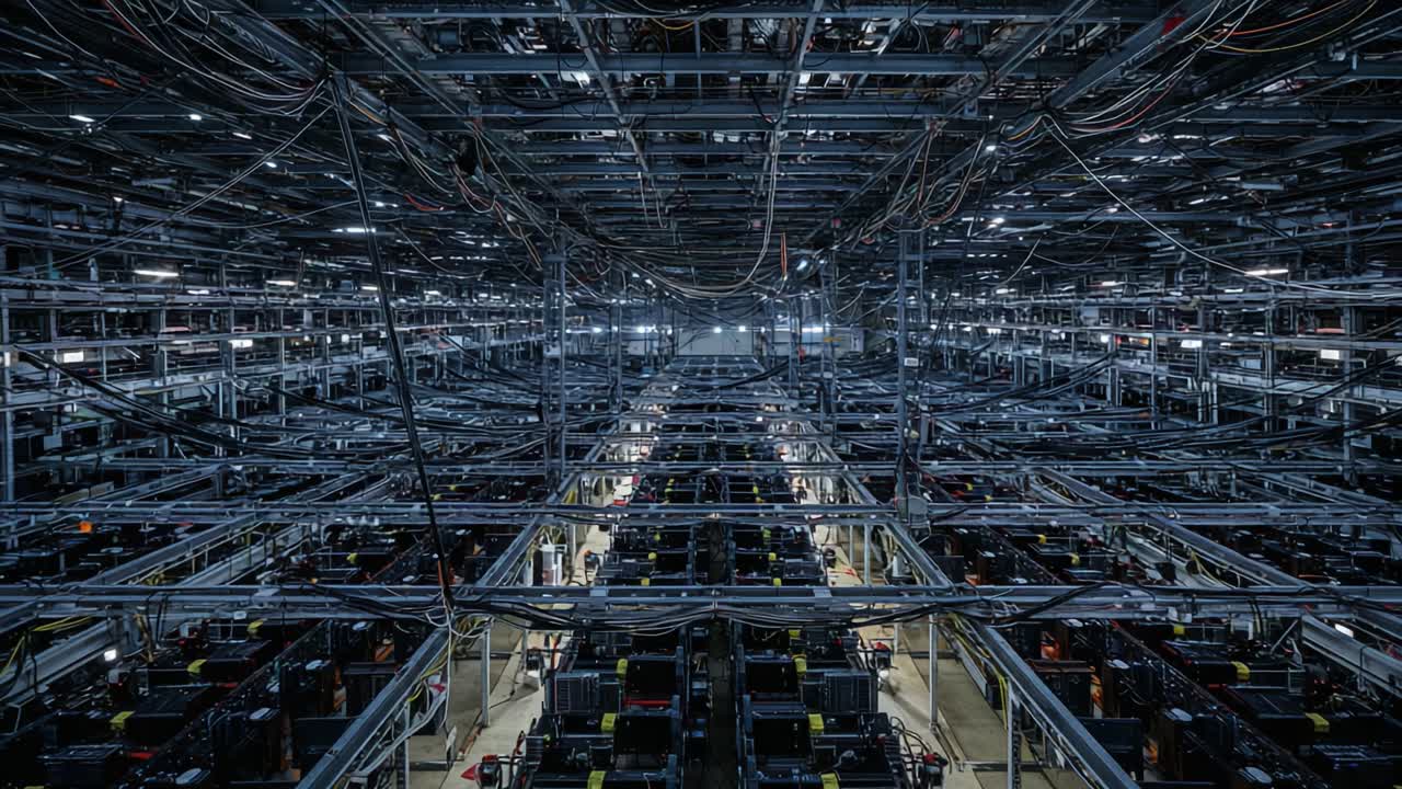 A Captivating Look Inside a High-Tech Warehouse: Exploring the Depths of an Automated Storage Facility Filled with Cutting-Edge Equipment and Complex Wiring Systems