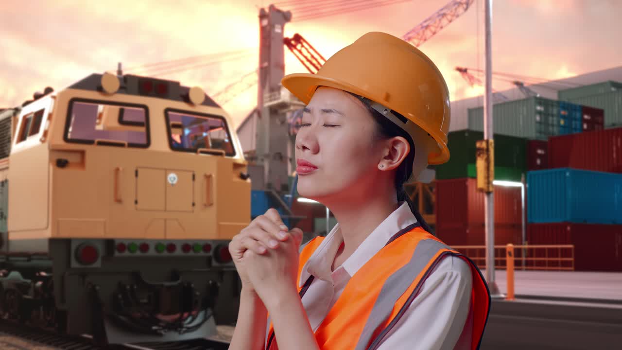 Close Up Side View Of Asian Female Engineer With Safety Helmet Pray For Something With Freight Cargo Train At Port