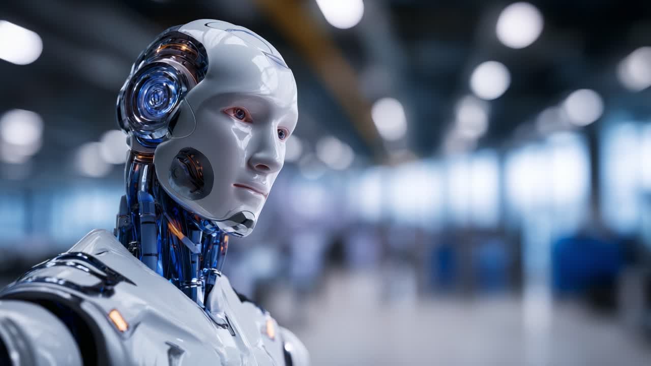Primo piano molto dettagliato di un robot futuristico con elementi in metallo e plastica, che mostra la tecnologia avanzata in un ambiente industriale moderno