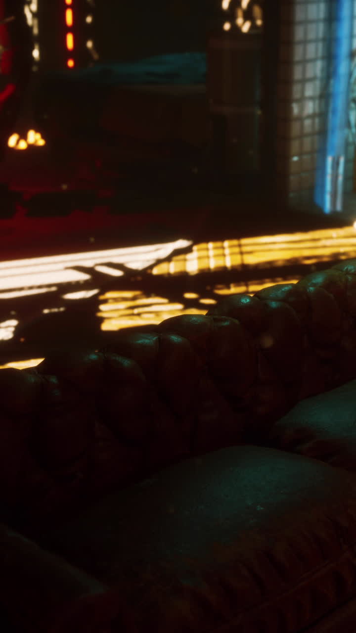 가죽 소파와 네온 조명과 함께 어고 미래적인 사이버 크 인테리어