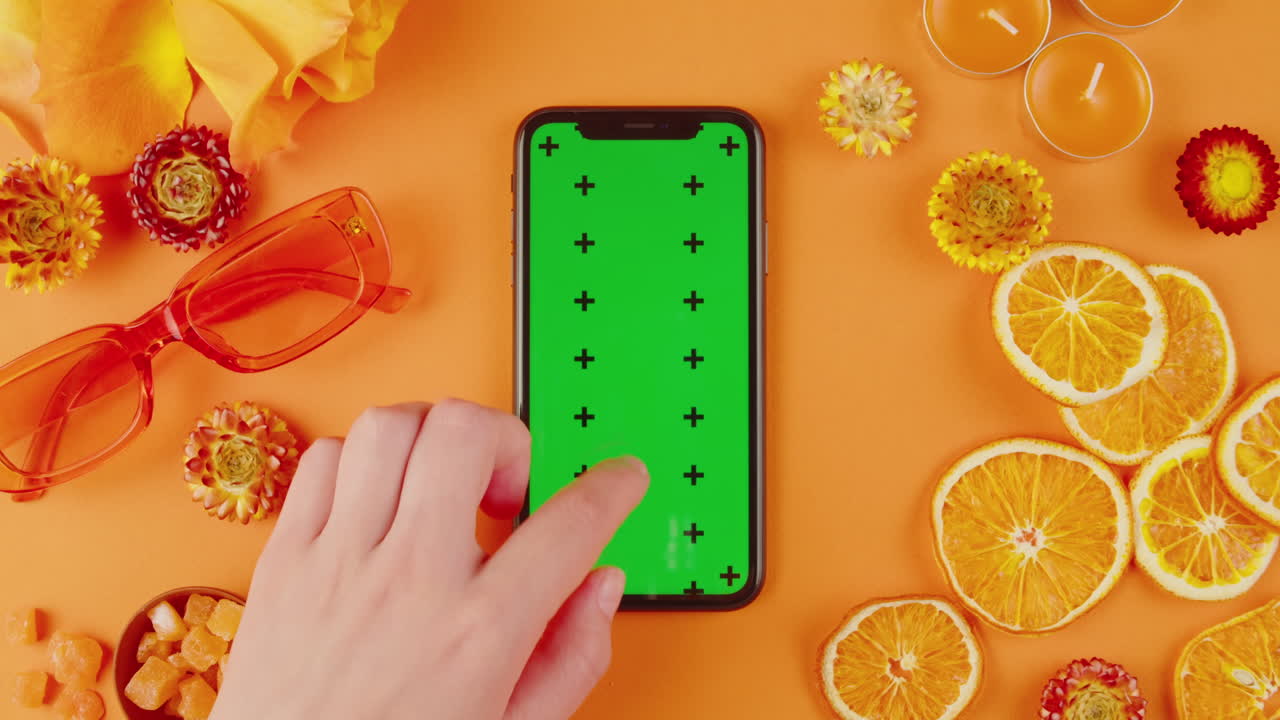Orange Aesthetic Flat Lay with Green Screen Phone