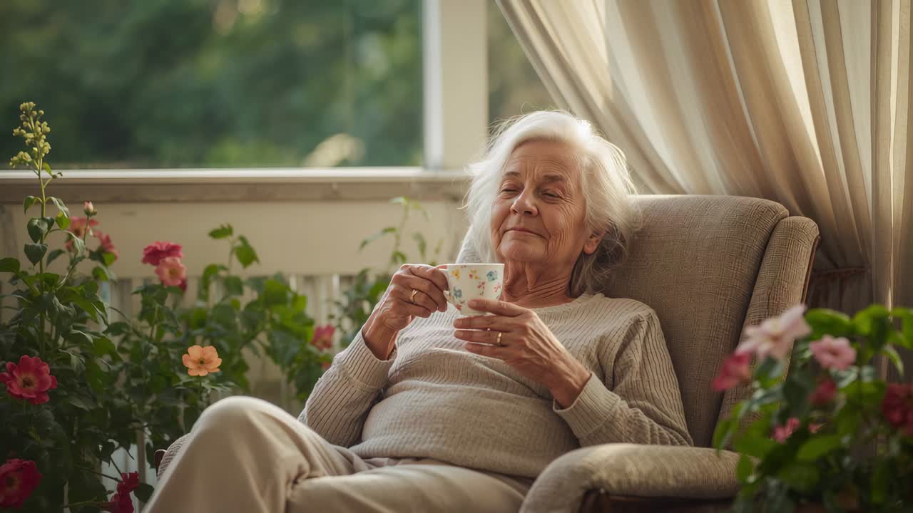 Noticing sunlight drawing gaze upward, senior wearing sweater raising teacup on porch with plants