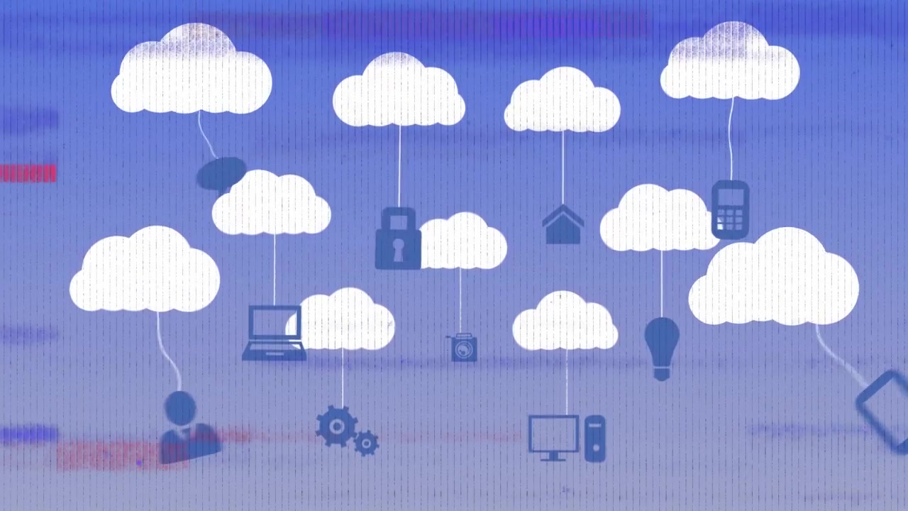 Animation of interference over clouds with icons on blue background