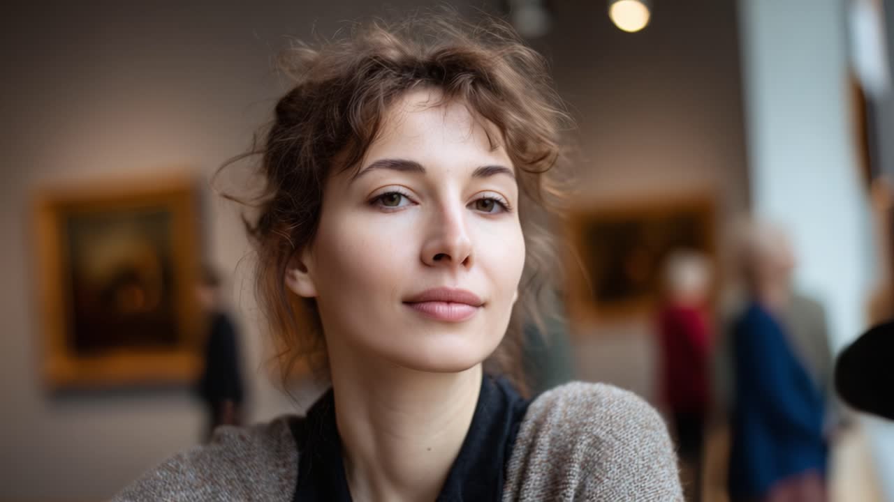 A contemplative young woman gazes thoughtfully at the art around her, capturing a moment of reflection and beauty in a serene gallery atmosphere