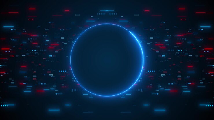 Sfondo con sfera neon blu, blocchi digitali rossi e ciano, dettagli di interfaccia luminosi e futuristico.