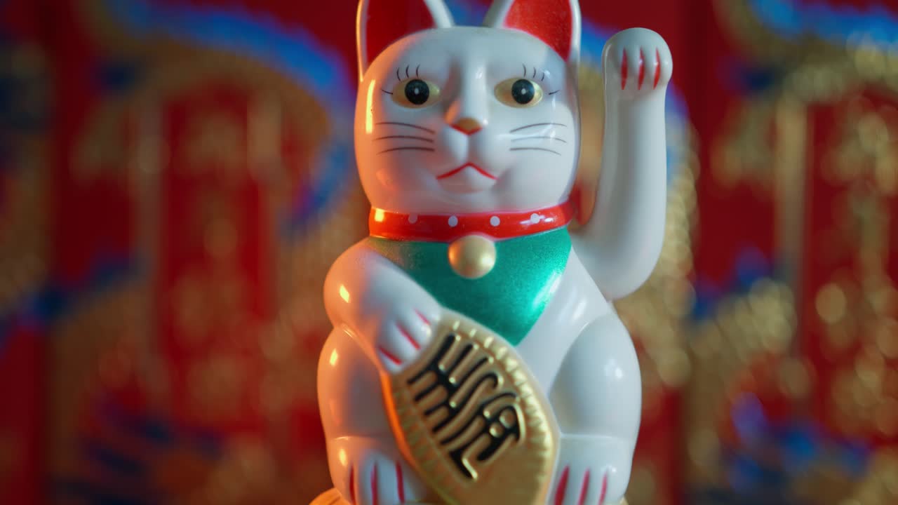 Maneki-neko lyckokattfigur vinkande på traditionell röd bakgrund.