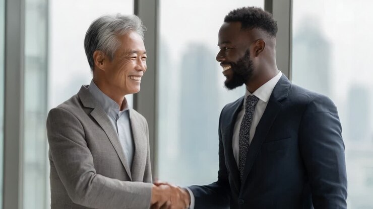 In this professional setting, two business partners engage in a warm handshake, symbolizing successful collaboration and mutual respect between generations in a modern corporate environment