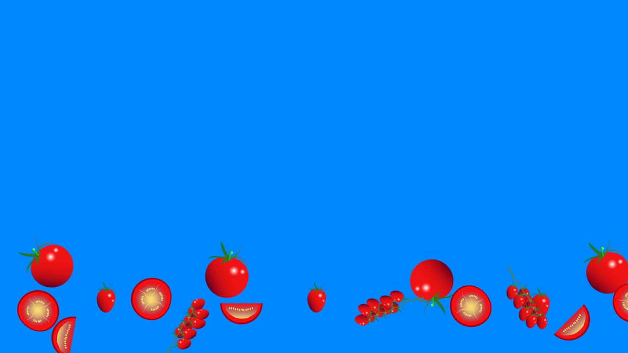 grupo de tomates elementos gráficos animación, bucle sin costuras, pantalla azul clave de croma
