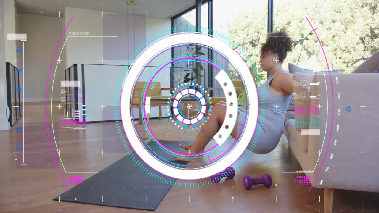 Woman adjusting earbud, sliding to sofa edge and doing triceps dips for fitness, HUD tracking reps