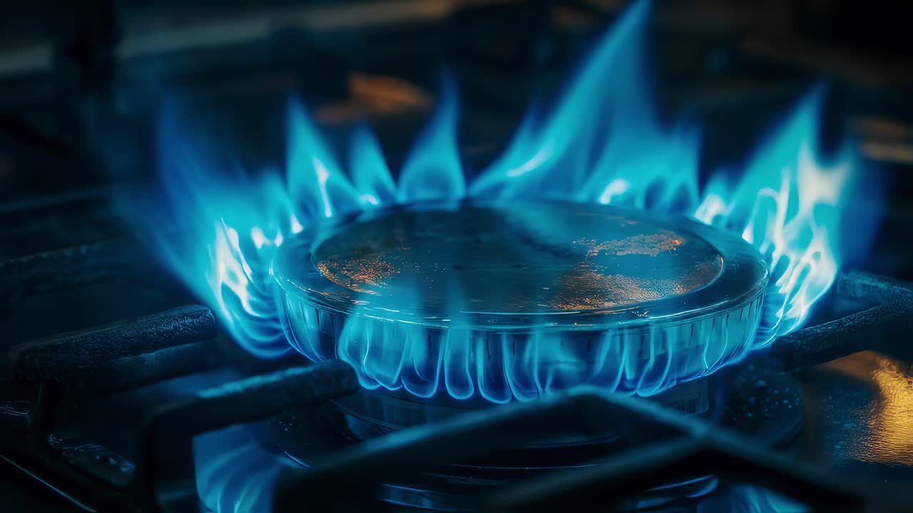 파란 불꽃을 가진 가스 스토브 버너