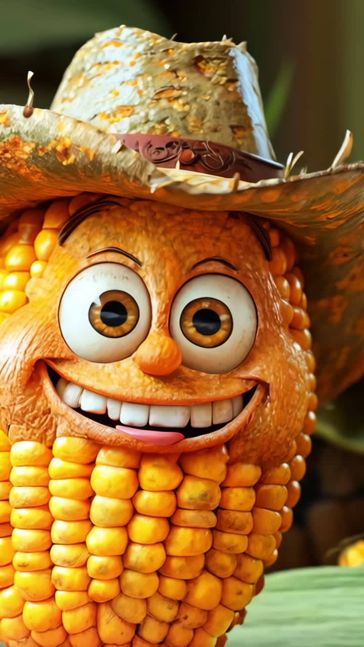 A cartoon corn head with a cowboy hat and a big smile. The corn head is surrounded by corn kernels and a bunch of carrots