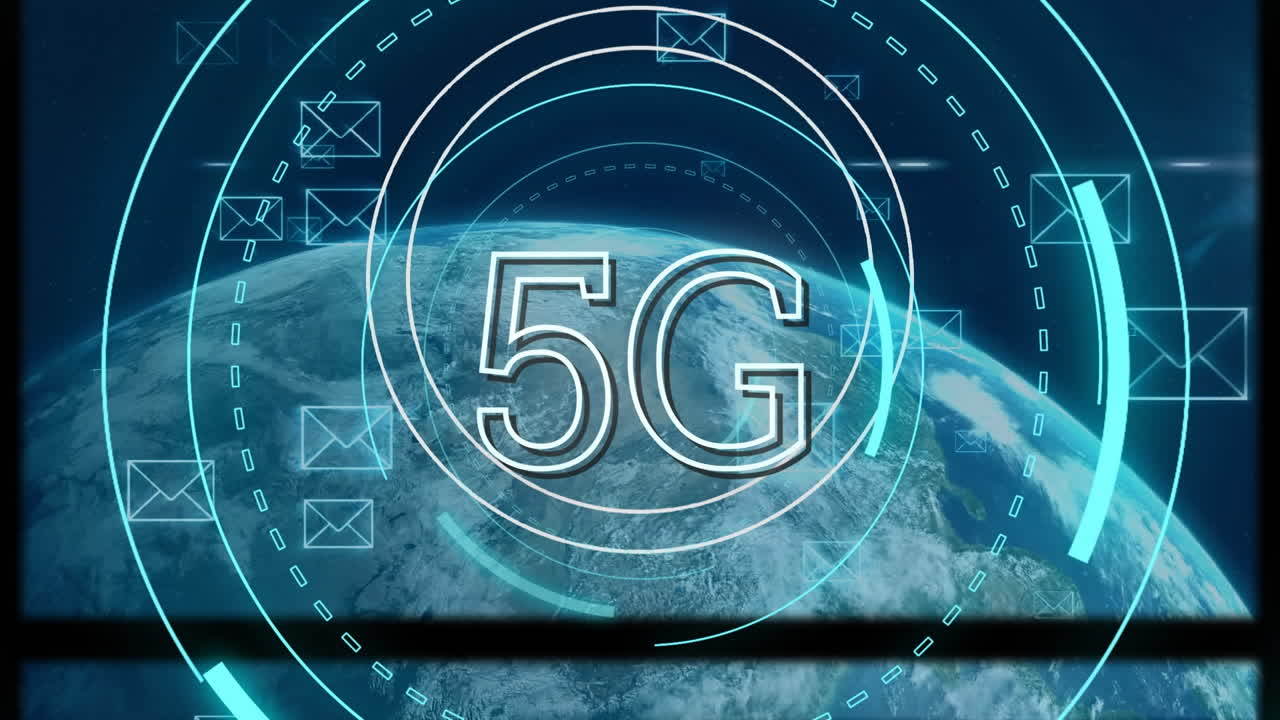 animazione di testo 5g, scopes scanning e icone di posta sul pianeta terra