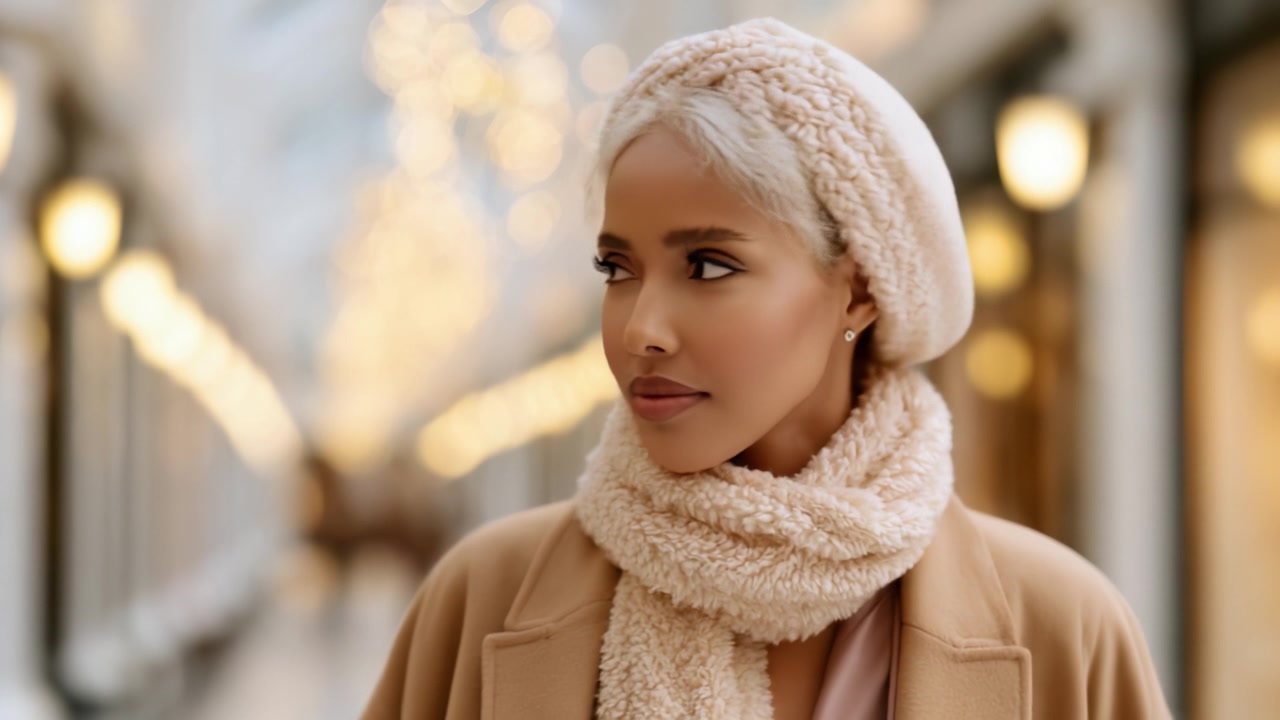 Donna elegante con una morbida sciarpa beige e un basco che passeggia in uno spazio interno splendidamente illuminato, abbracciando lo stile invernale e la serenità.