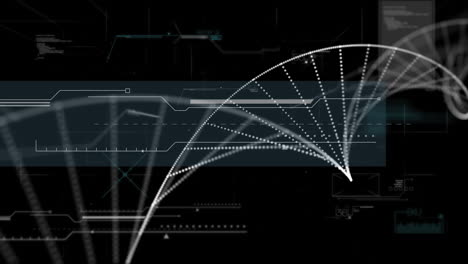 animación digital de la estructura del adn girando contra la interfaz digital con procesamiento de datos