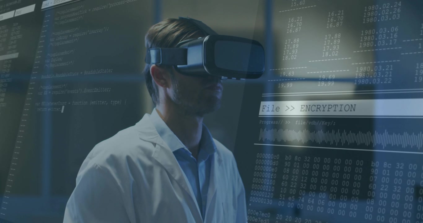 Researcher wearing VR headset activating holographic encryption panel while swiping code streams
