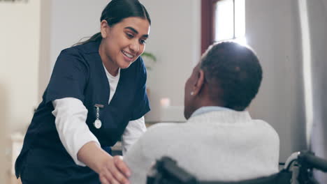 medical, smile and a volunteer talking to an old