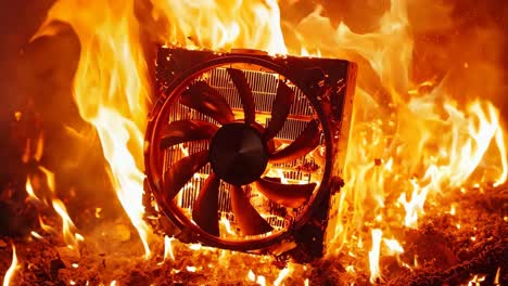 un ventilador de computadora en llamas con un fondo negro