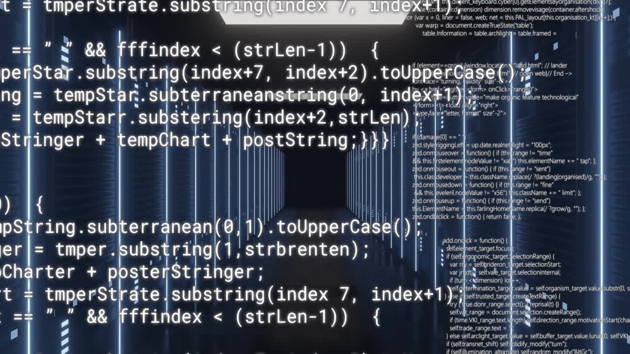어두운 컴퓨터 서버 에서 텍스트 데이터 처리의 애니메이션