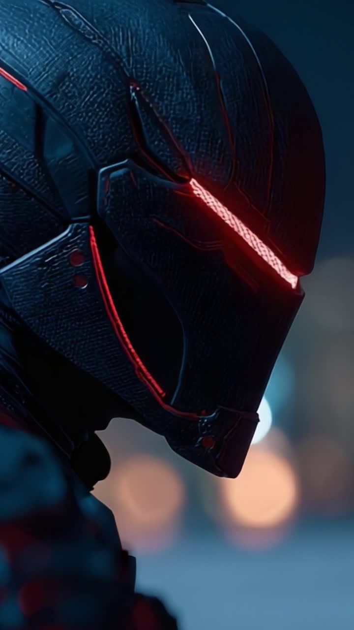 Una vista ravvicinata di un casco futuristico che emette luce rossa, mostrando una trama intricata e un design elegante in un'atmosfera fantascientifica.