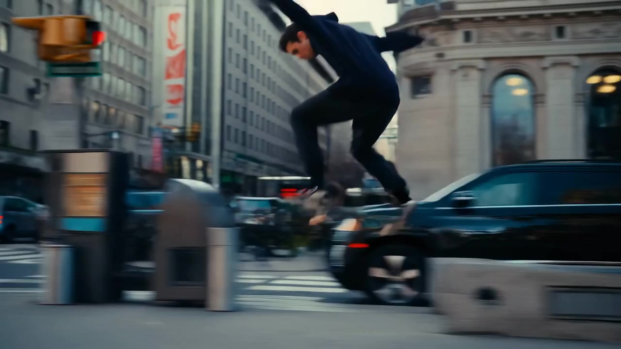City Skateboarder Grinding Concrete Ledge At Dusk Downtown Traffic Blurred Taxis And Cars Streaking