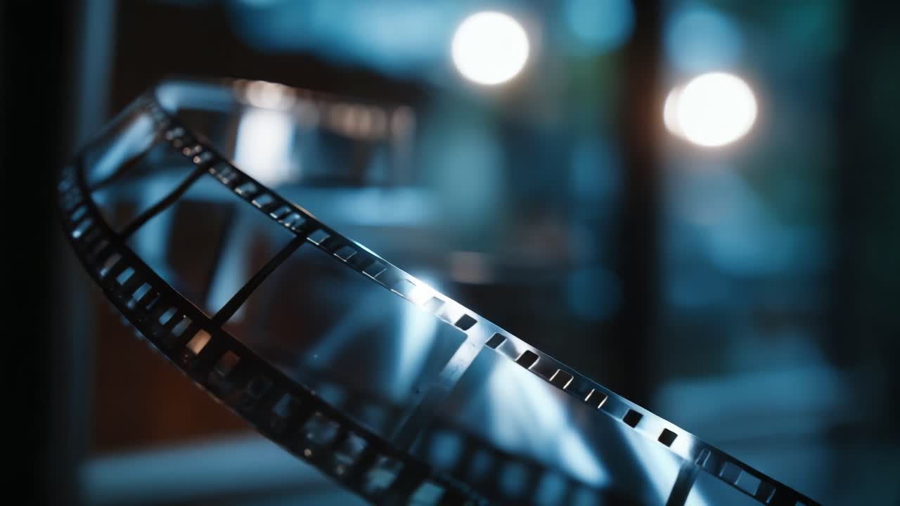 Et smukt indblik i en filmstrimmel, der indfanger essensen af filmkunsten og magien ved filmproduktion i en visuelt slående komposition.