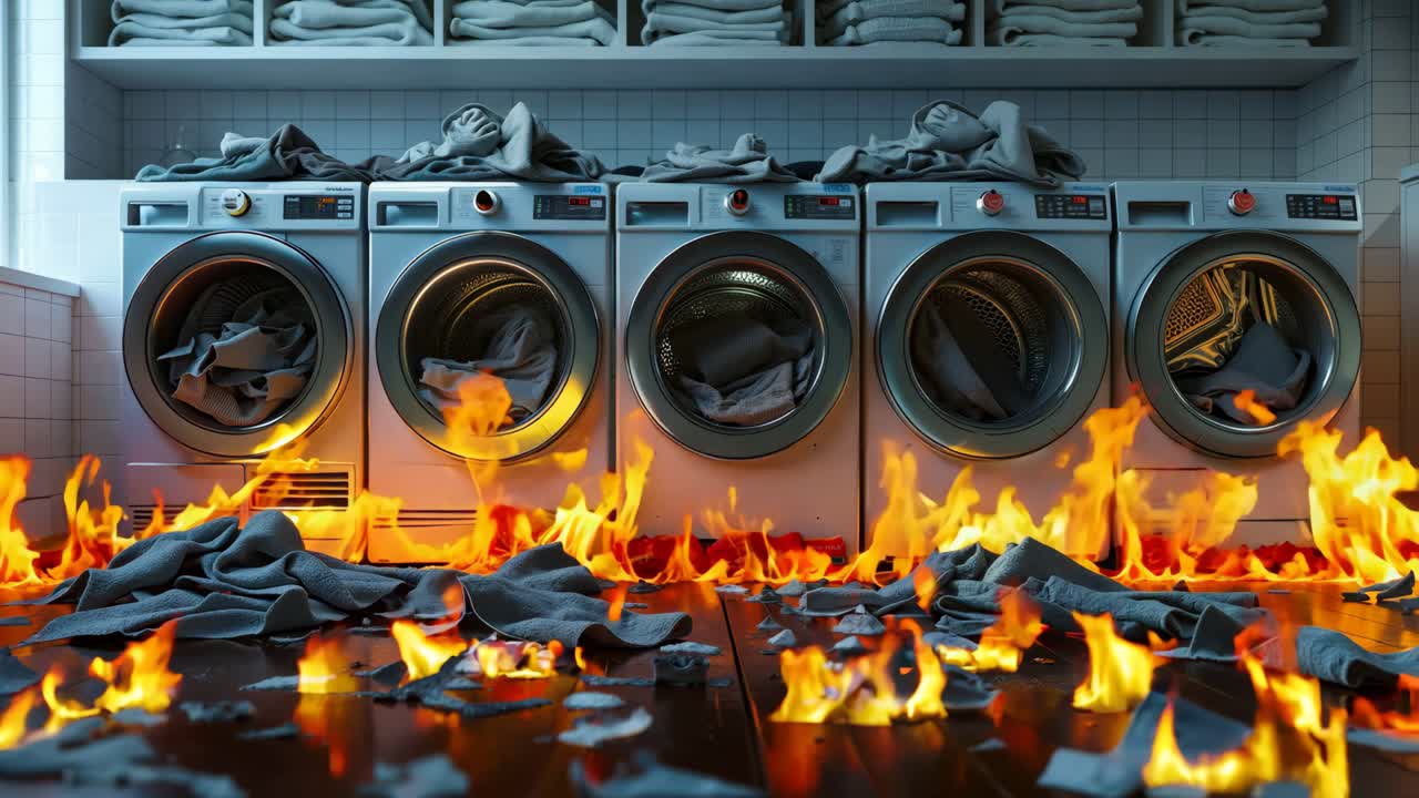 불타는 세탁실에서 세탁기와 건조기의 줄