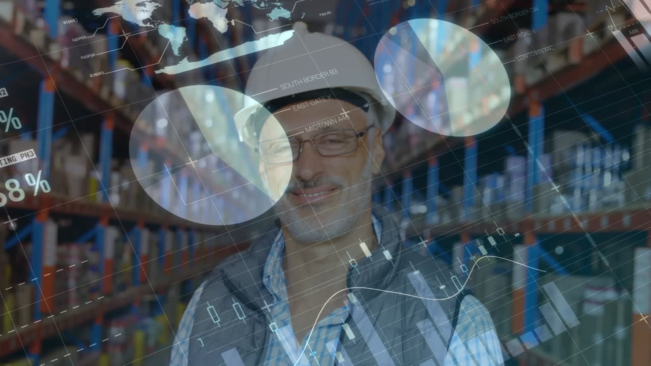 анимация обработки статистических данных над кавказским старшим мужчиной-наблюдателем, улыбающимся на складе