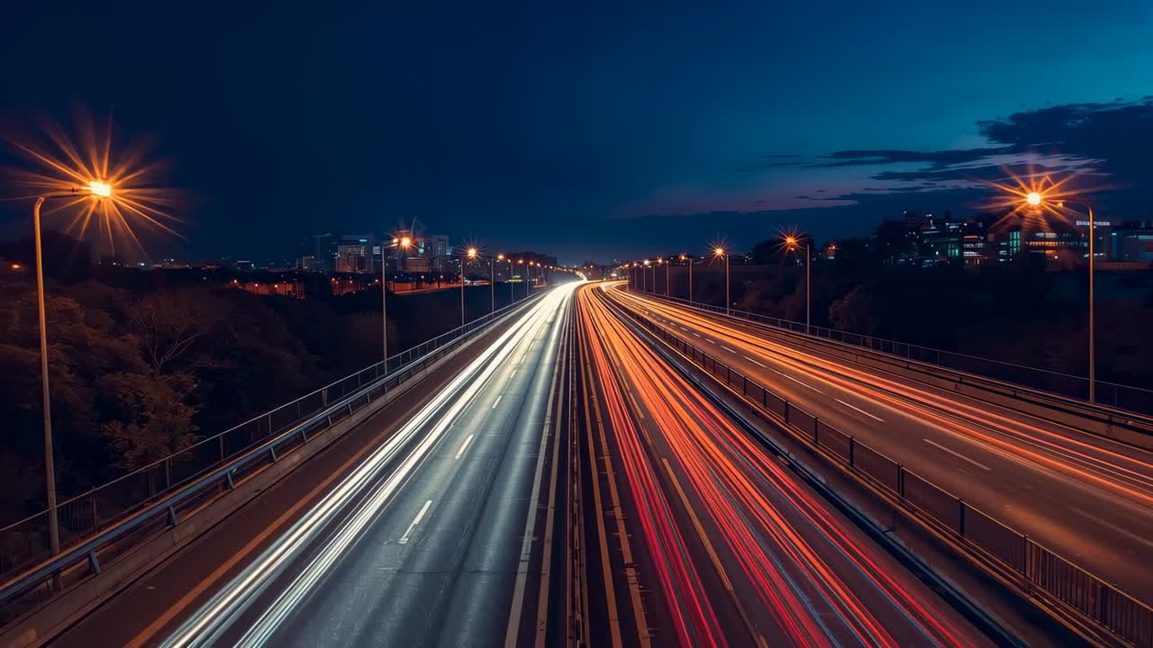 Con il crepuscolo che si fa più profondo, l'autostrada a più corsie scorre, formando scie luminose bianche e rosse, con le lampade che brillano