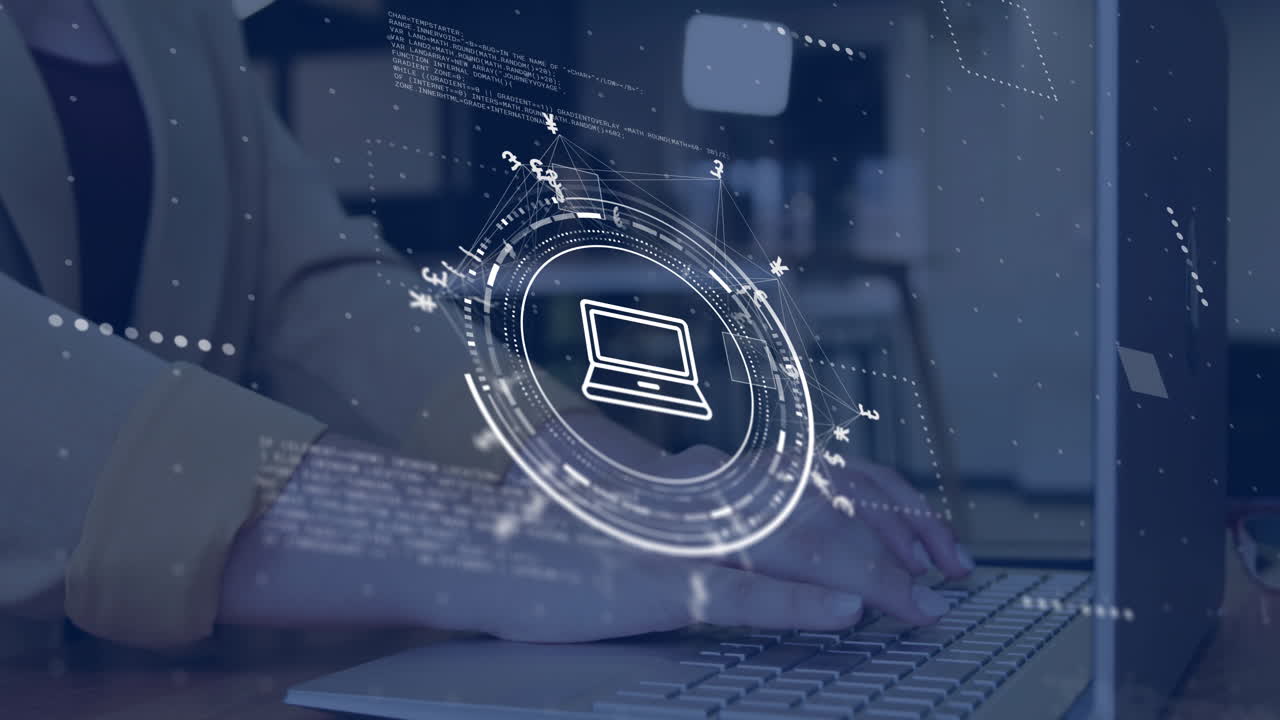 Animation of laptop sign, network and data processing over caucasian woman using laptop