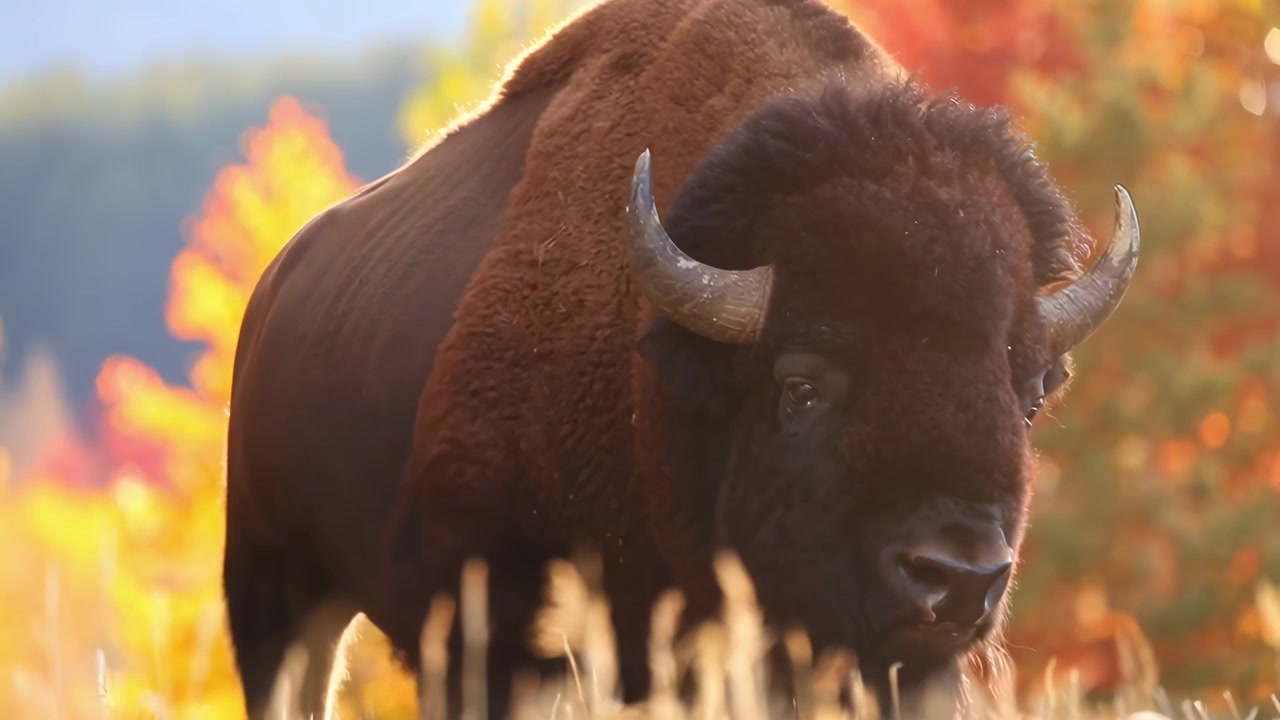 Bisonte americano in piedi in un prato in autunno