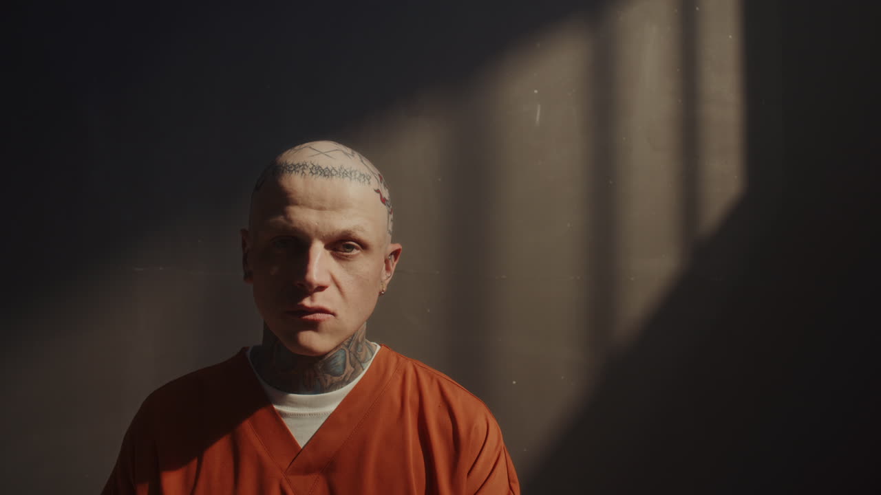 Portrait of Bald Tattooed Inmate in Orange Uniform Sitting in Prison Cell