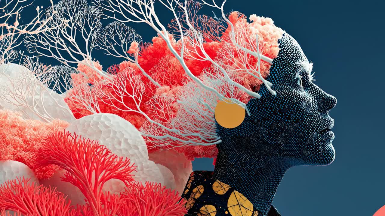 Figura humana inspirada en la naturaleza. Una figura similar a la humana se fusiona con elementos de coral y árbol. Los colores mezclan rojo, blanco y negro. La escena es arte digital.