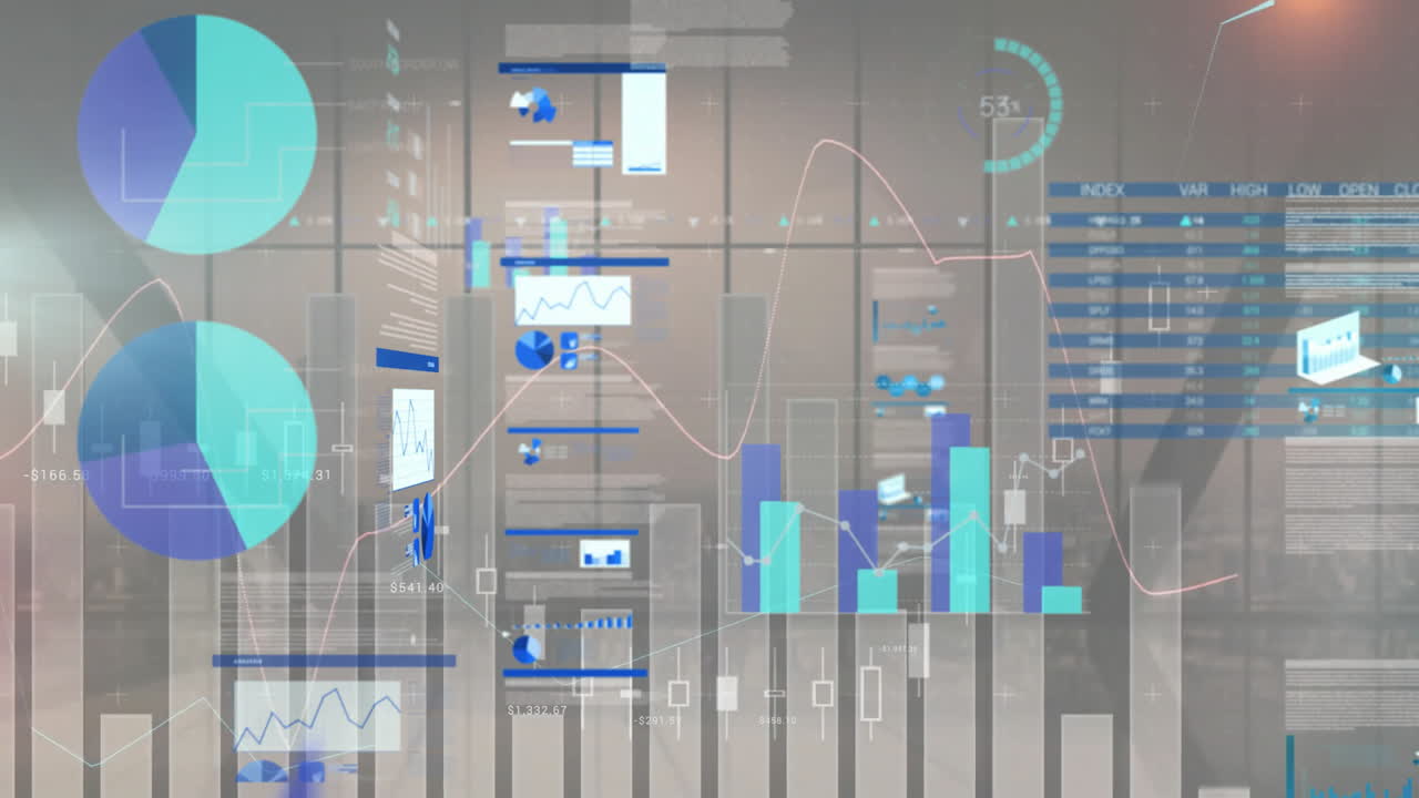 Animation of financial data processing over grid and cityscape