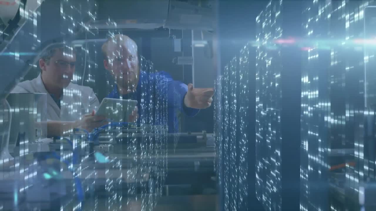 Animation of data processing over male scientists with tablet