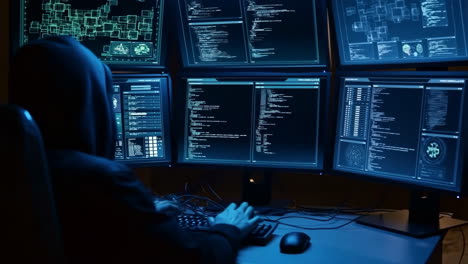 hacker working on multiple computer screens with code and data