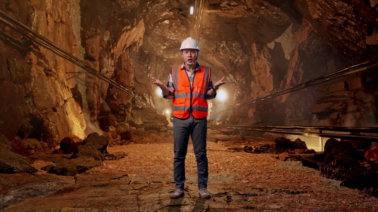 Full Body Of Wondering Asian Male Engineer With Safety Helmet Saying Why Working Doubtfully In Underground Mine Tunnel