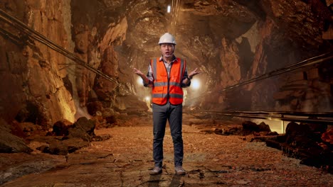 full body of wondering asian male engineer with safety helmet saying why working doubtfully in underground mine tunnel