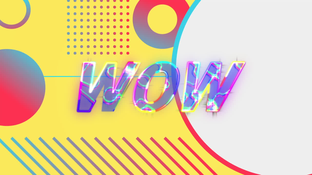 Animazione di banner di testo wow con effetto fulmine su forme astratte su sfondo giallo