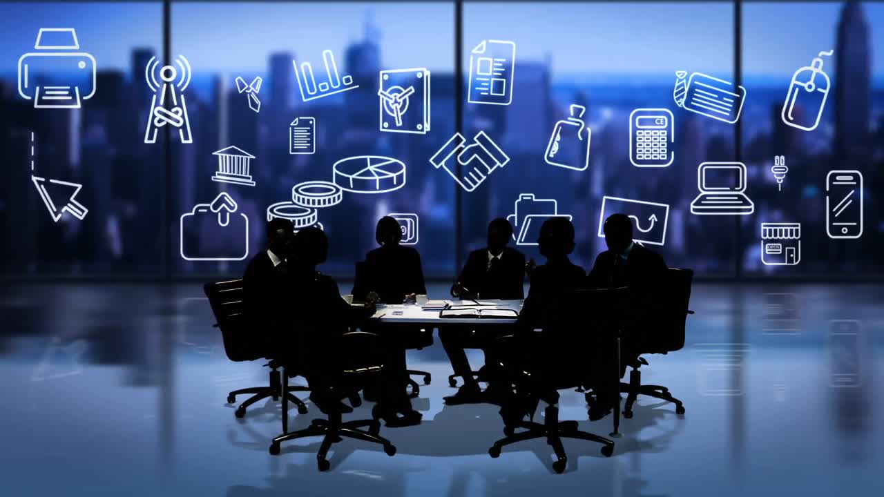 Business people having meeting in conference room against business icons