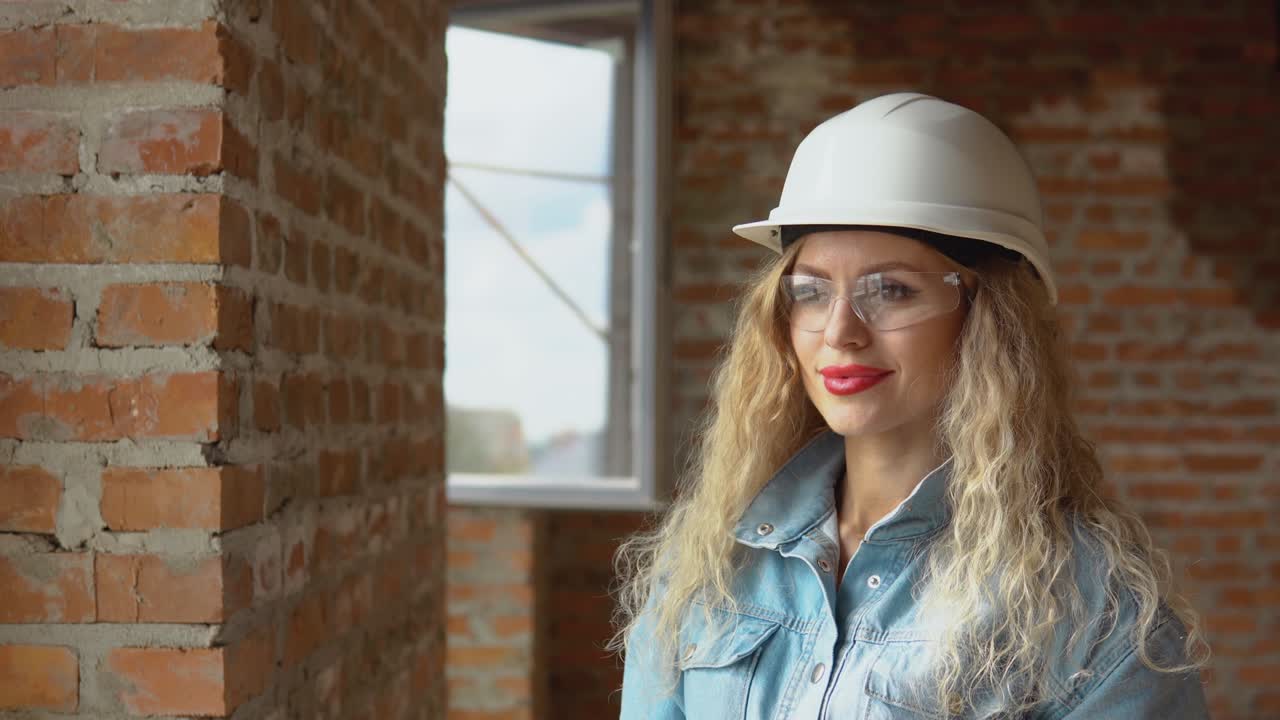 A young woman in a white work helmet and denim clothes and goggles stands at the construction site. Builder, bricklayer, architect