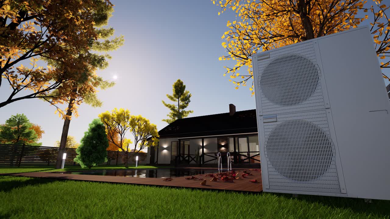 HVAC technician installs heating, ventilation and air conditioning systems. Heat pump 3D animation